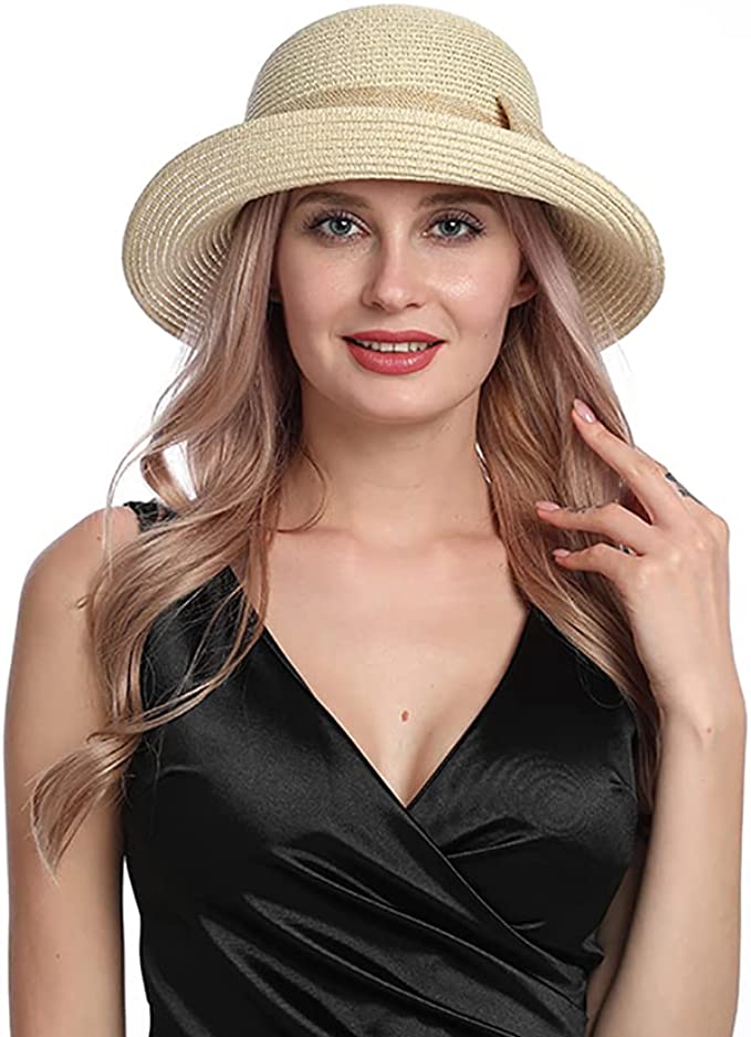 Ladies Straw Sun Hat Packable Roll Brim Summer UV Beach Sunhat