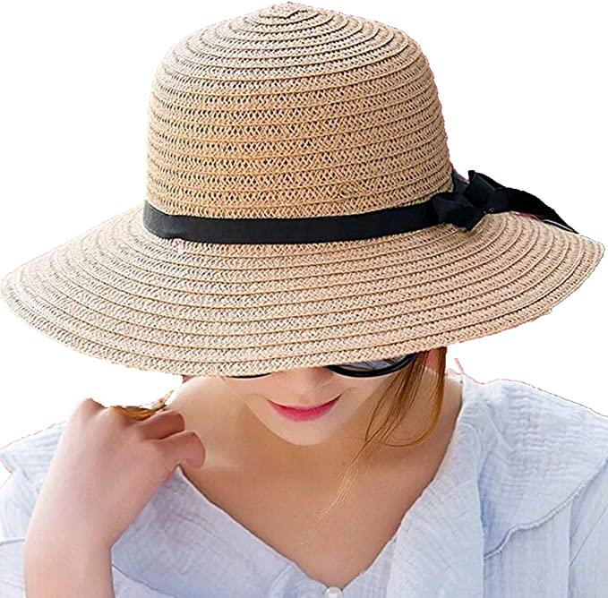 Women Straw Beach Sun Summer Hat Floppy Foldable Beige Wide Brim