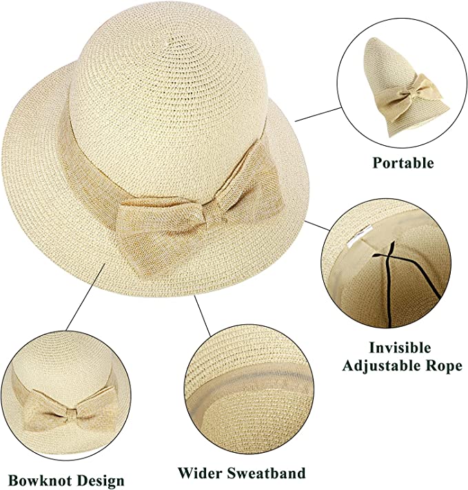 Ladies Straw Sun Hat Packable Roll Brim Summer UV Beach Sunhat