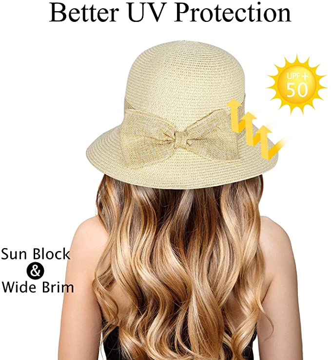 Ladies Straw Sun Hat Packable Roll Brim Summer UV Beach Sunhat