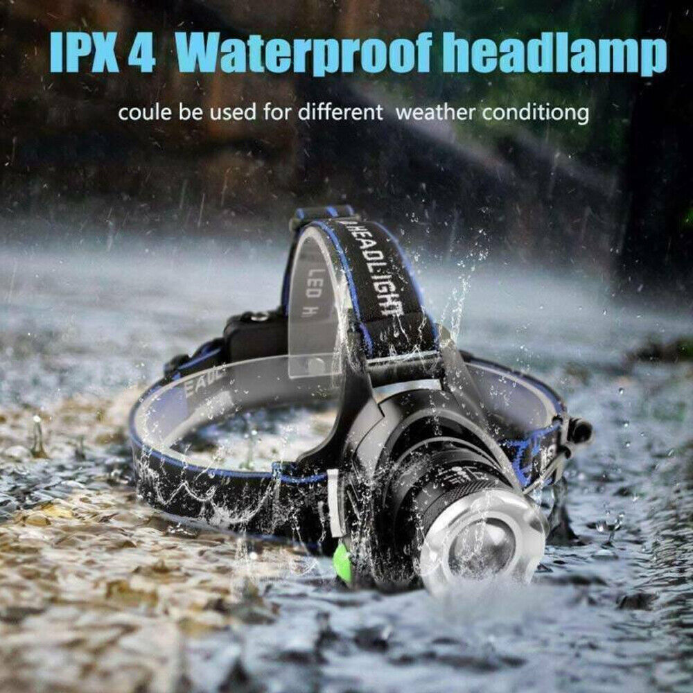 T6 Headlamp Rechargeable 350000LM LED Zoom Headlight Head Torch USB Line New UK