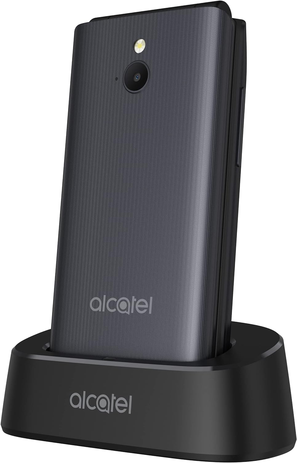 Alcatel 3082 4G mobile phone with flip cover, charging station and battery 1380 mAh, 1 MP camera with flash, large keys, Bluetooth, grey