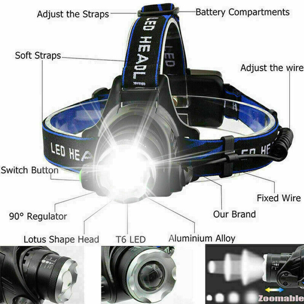 T6 Headlamp Rechargeable 350000LM LED Zoom Headlight Head Torch USB Line New UK