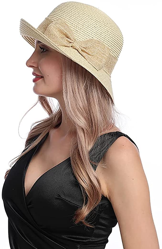 Ladies Straw Sun Hat Packable Roll Brim Summer UV Beach Sunhat