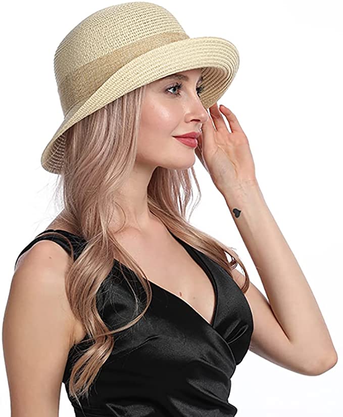Ladies Straw Sun Hat Packable Roll Brim Summer UV Beach Sunhat