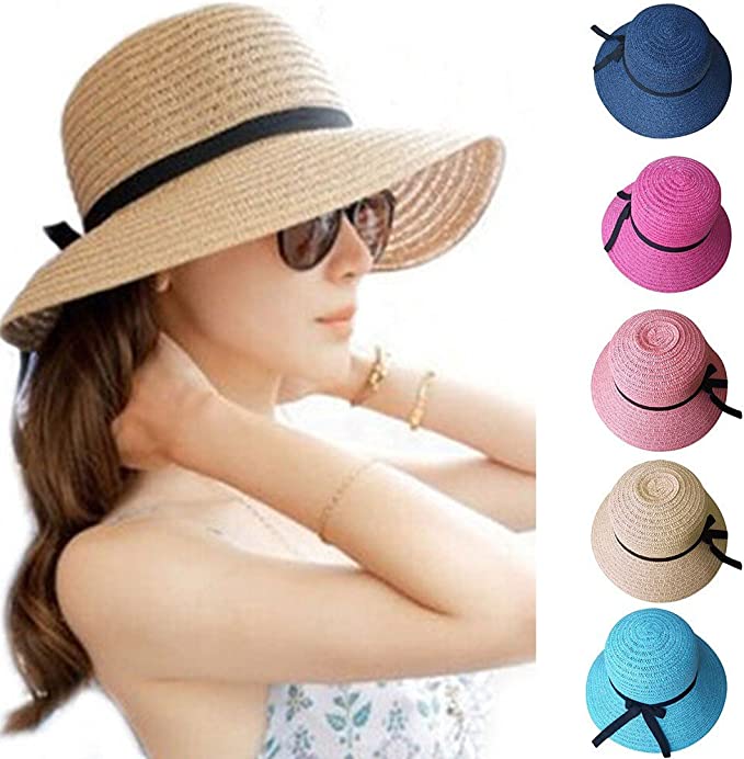 Women Straw Beach Sun Summer Hat Floppy Foldable Beige Wide Brim